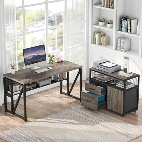 Tribesigns Grey Executive Desk with Cabinet, 55" L Shaped Computer Desk and lateral File Cabinet with Locks, 2 Piece Home Office Furniture Set for Hanging - Image 3