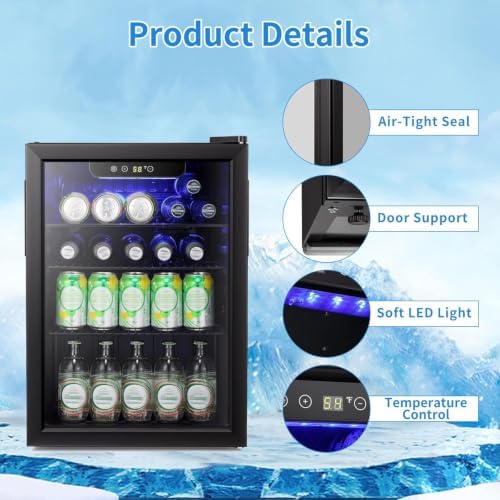 Antarctic Star Mini Fridge-95 Can Beverage Refrigerator Wine Cooler Clear Front Glass Door Small Drink Touch Screen for Soda Beer Bar Office Home 2.6 cu.ft - Image 4