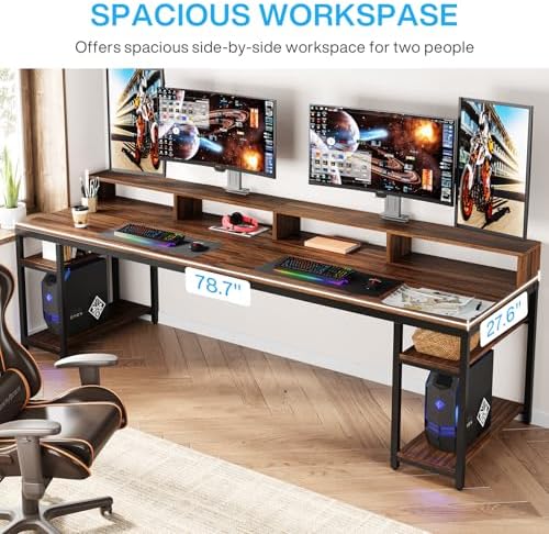 Tribesigns Two Person Desk with Monitor Stand, 78.74" Long Double Computer Office Desk with Storage Shelves, Large Gaming Study Writing Table Workstation for Home Office (Rustic Brown) - Image 3