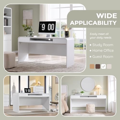 63" Modern Computer Desk with 2 Drawers, Wood Curved (White) - Image 5