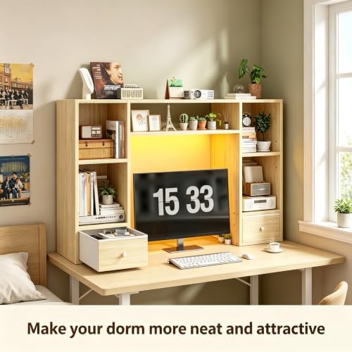 REIBII 47.2" Desktop Bookshelf, 6 Shelves & 2 Drawers, LED Lights, Natural - Image 4