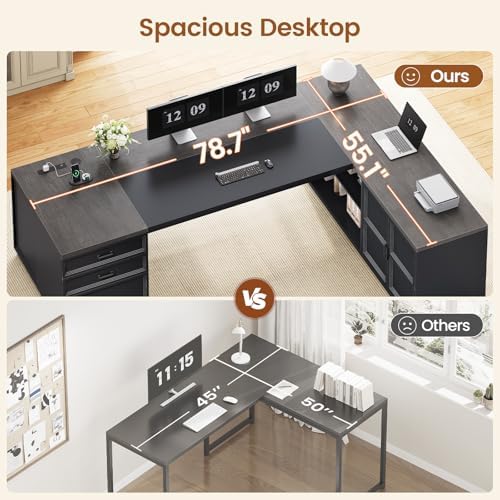 SEDETA 78.7" L Shaped Executive Desk with Charging Station, Large Home Office Computer Desk with File Drawers & Adjustable Storage Cabinet, CPU Stand, Modern L Desk for Business, Black + Grey - Image 3