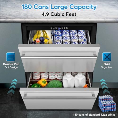 24" Undercounter Beverage Cooler, Outdoor Stainless Steel Drawer Fridge - Image 4