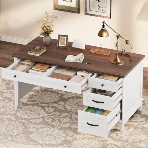 53.5" Executive Desk with Power Outlet, Home Office Desk with Drawers, Wooden Work Desk with File Cabinet, Computer Desk for Work, Study, Writing, White and Brown - Image 4