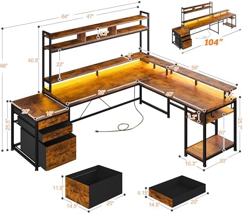 EnHomee 104" L Shaped Desk, 4 Layout Convertible RGB Lights & Monitor Stand - Image 2