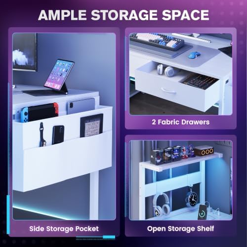 40 Inch Small Gaming Desk with Drawers & Led Lights & Storage Bag, White - Image 7