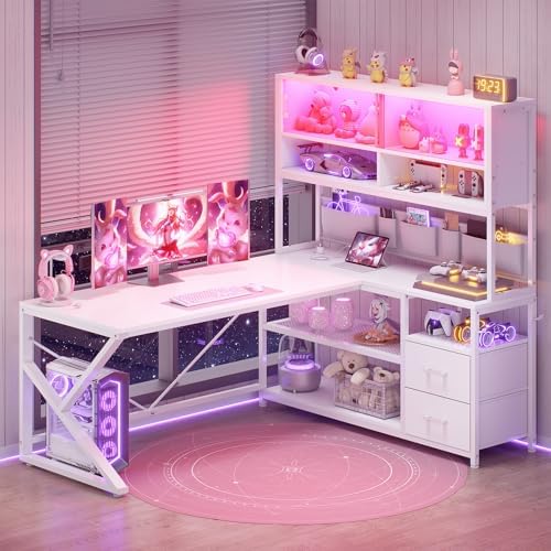 SEDETA L Shaped Gaming Desk with Storage Shelves, 2 Drawer, LED Light by SEDETA