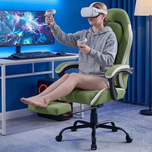 Gaming Chair with Footrest, Ergonomic Fabric Desk Chair, Dark Green - Image 2