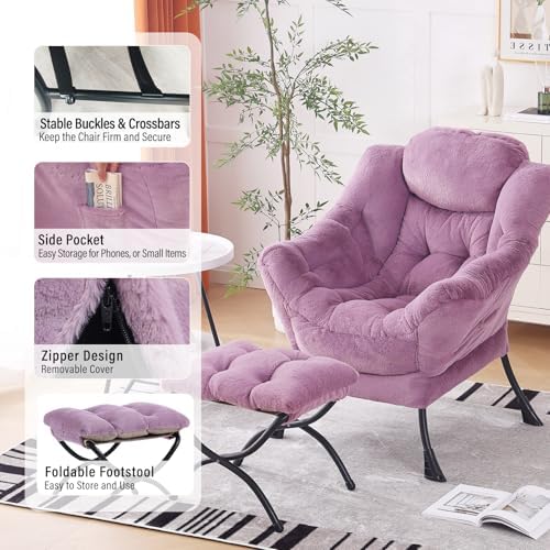 Furlide Lazy Chair with Ottoman, Comfy Plush Reading Chair for Bedroom，Purple - Image 5