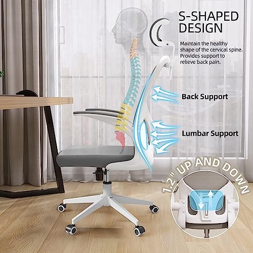 Monhey Office Chairs, Ergonomic Office Chair, Computer Chair with Adjustable Headrest, Lumbar Support, 2D Armrest, Metal Base and Iron Legs, White Frame Grey Mesh Office Chair - Image 5