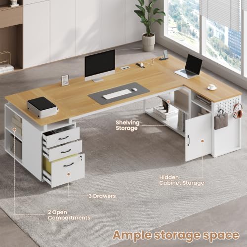 78" Executive Desk with Lockable File Cabinet, L Shaped Office Desk with Power Outlets, Large Executive Desk with Drawers and Storage Shelves , Reversible Computer Desk with Privacy Screen (White) - Image 4