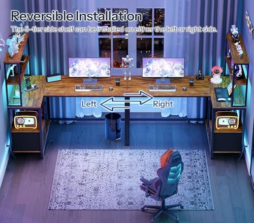 HOOBRO L Shaped Gaming Desk, 46 Inch Reversible Computer Desk with LED Light & Power Outlet, Office Desk with Storage Shelves & Drawer, for Home Office, Study, Rustic Brown and Black BF18UDDN01 - Image 4