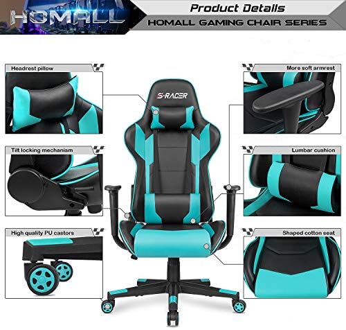 Homall Gaming Chair, Office Chair High Back Computer Chair Leather Desk Chair Racing Executive Ergonomic Adjustable Swivel Task Chair with Headrest and Lumbar Support(Cyan) - Image 4