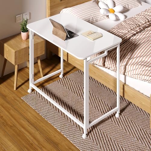 4NM 27.5" Mobile Small Rolling Computer Desk, Folding Laptop Cart Table with Wheels, Portable Office Desk for Small Space Couch Bed - All White - Image 2