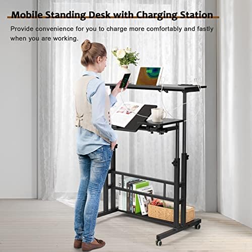 Hadulcet Stand Up Desk, Rolling Desk Adjustable Height, Mobile Standing Desk with Wheels & Charging Station, Portable Stand for Laptop, Rolling Computer Cart TV Tray, Small Standing Desk Drawing Table - Image 3