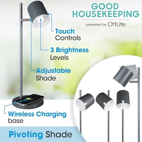 OttLite Good Housekeeping Modern LED Desk Lamp, Wireless Charging, Grey - Image 2