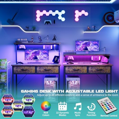 MUTUN Small Desk with Drawers, 31 Inch Computer Desk with Power Outlet & LED Light, Gaming Desk with Adjustable Monitor Stand & Pegboard, Modern PC Study Writing Table for Bedroom, Rustic Brown - Image 6