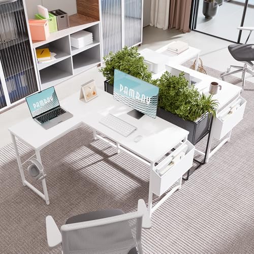 Pamray 47 Inch Reversible L Shaped Gaming Desk Corner Computer Desk with Storage Bag Home Office Table for Writing Study White - Image 5