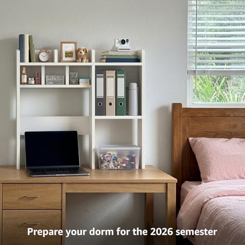 NUTIKAS Desk Hutch White Desktop Bookshelf Shelf - 30 Inch Computer Desk Organizer for Dorm Room, Wood Storage Rack for Home Office Desktop Display Shelves, Small Bookcase for Top of Desk - Image 2
