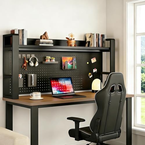 2/3/4 Tier Desk Hutch, Freestanding Desktop Bookshelf, Metal Desk Shelf with Pegboard, Desk Shelves for Top, for Dorm Office and Home(Black+Black,61 * 9 * 25in) by ZUGIATP