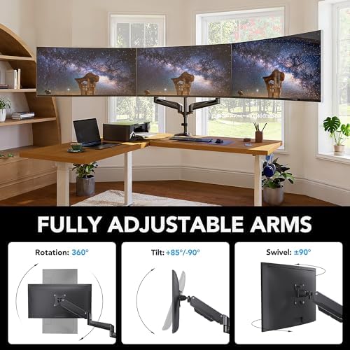 HUANUO Triple Monitor Mount for 17 to 32 inch Screens, Adjustment Gaming Triple Monitor Stand with Swivel, Tilt, Rotation, Clamp & Grommet Kit - Image 5