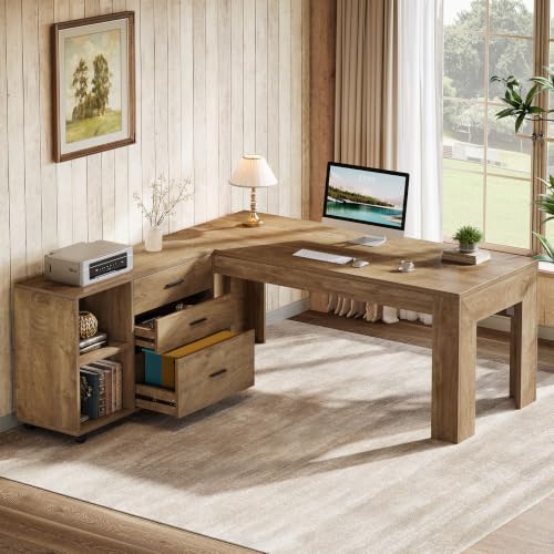 Tribesigns 63" L Shaped Desk with File Cabinet, Large Executive Office Desk with Rolling Filing Cabinet, Long Computer Table with Drawers and Shelves, Business Furniture Set for Home Office, Brown - Image 3