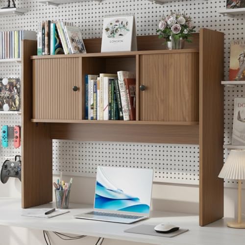 Mid Century Modern Desk Hutch Storage, 36 x 32 Inch Fluted Desktop Bookshelf, Wooden Desk Shelf Organizer with 2 Doors, for Laptop, Desktop Shelf for Dorm, Study, Office, Walnut, Brown by BuyNow