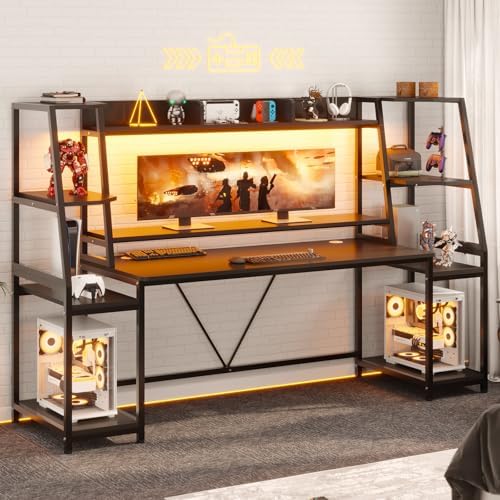SEDETA 79'' Gaming Desk with LED Lights, Hutch and Storage Shelves, Black - Image 3