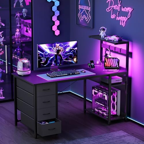 47in Gaming Computer Desk with Drawers & Storage Shelf & Iron Hook, Black - Image 2