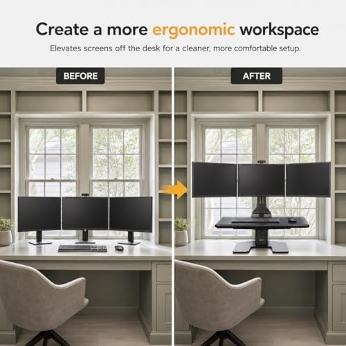 Mount-It! Triple Monitor Electric Standing Desk Converter - 3 Screens Stand Up Desk Riser - Height Adjustable Desktop & 3 Mounts for Screens up to 32", Sit-Stand Convertor for Home, Office, School - Image 4