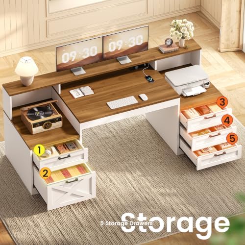 SEDETA 63" Farmhouse Office Desk with 5 Drawers, White and Brown - Image 3