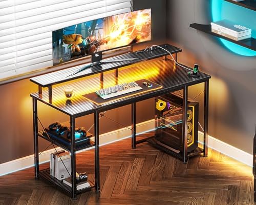 ODK 48 Inch Gaming Desk with LED Lights & Storage Shelves, Carbon Fiber - Image 2