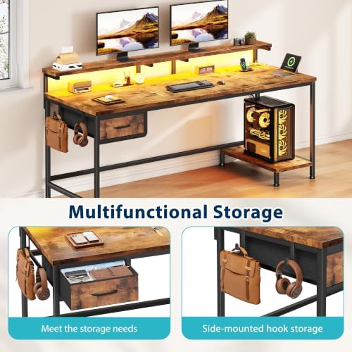 DurayLoly 55" Office Desk with Power Outlet & Fabric Drawer,Rustic Brown - Image 6