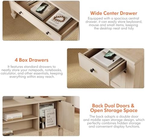 WAMPAT Wood Executive Desk with 5 Drawers & Charging Station, Beige, 56" - Image 6
