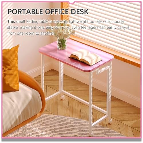 4NM 23.6" Mobile Small Rolling Computer Desk, Folding Laptop Cart Table with Wheels, Portable Office Desk for Small Space Couch Bed - Pink and White - Image 4
