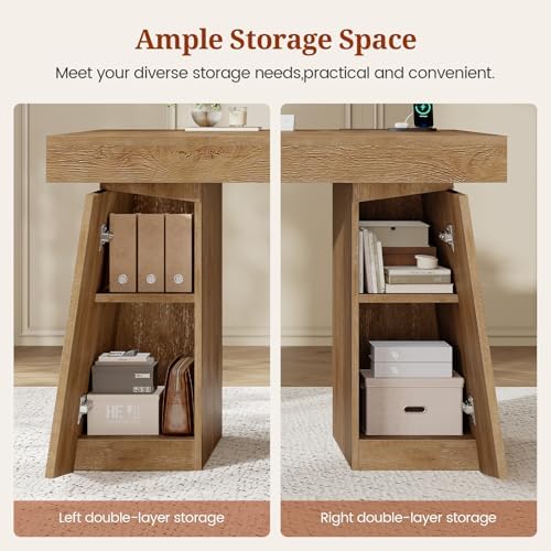 UPOSOJA 55.9 in Executive Desk with Power Outlets, Modern Home Office Desk with Storage Cabinet, Wood Computer Desk Business Workstation Desk Conference Table, Oak (Storage Cabinet) - Image 4