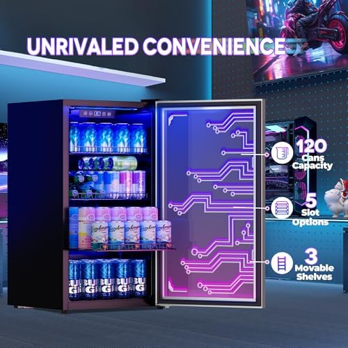 Cyberpunk Beverage Cooler, 130 Can Mini Fridge, LED Light Door, Gaming Room - Image 3