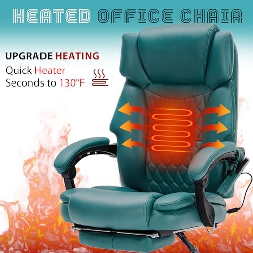 Massage Office Chair with Foot Rest 6 Points Vibration and Heat Home Office Desk Chairs for Heavy People 400lbs Reclining Managerial Chairs Ergonomic Executive Chair (Teal Blue) - Image 4