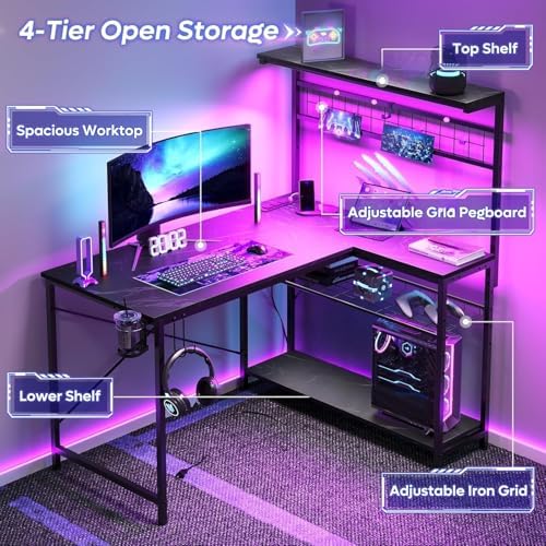Bestier 42 Corner Computer Desk with Power Outlets LED Lights, Black Marble - Image 5