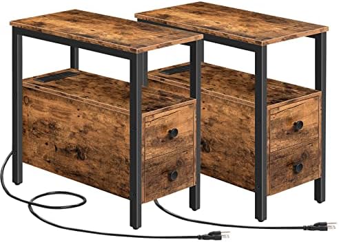 HOOBRO Set of 2 End Tables with Charging Station, Narrow Side Table with Drawers, Power Outlets, Nightstand for Small Spaces, Living Room, Stable and Sturdy, Rustic Brown and Black BF541BZP201 by HOOBRO