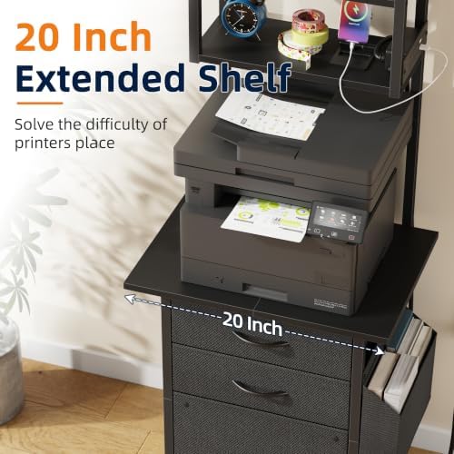 HIGDBFE 3 Drawer File Cabinet with Charging Station, 49''H Tall, 3-Tier Small Filing Cabinet for Home Office, 20''*15'' for Small Printer, Fabric Drawer, Printer Stand, Black - Image 3