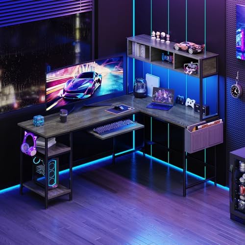 DUMOS 67" L Shaped Gaming Desk, Reversible Computer Desks with LED Lighting, Corner Desk for Compact Spaces with Keyboard Tray & Storage Shelf, Metal Frame PC Gaming Table for Home Office, Gray - Image 6