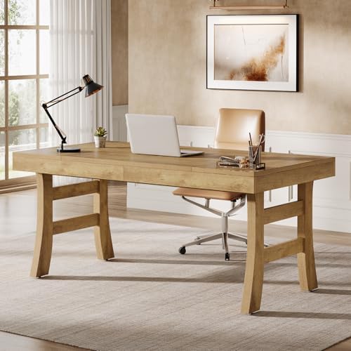 Tribesigns 63-Inch Executive Desk, Large Office Computer Desk with Sturdy Legs, Farmhouse Simple Workstation Writing Study Table for Home Office, Light Brown - Image 3