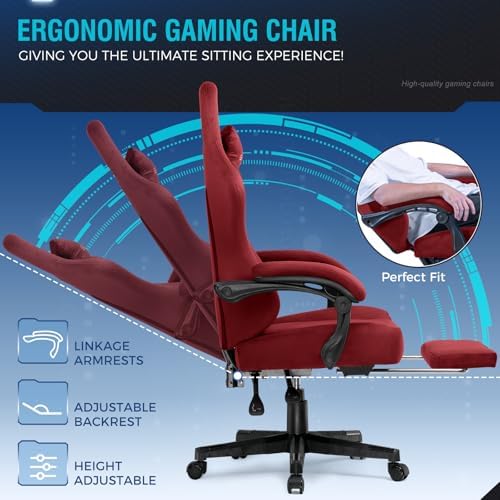 GTPLAYER Gaming Chair Fabric with Pocket Spring Cushion, Big and Tall Gamings Chairs 350LBS High Back Computer Chair with Footrest for Adults Lumbar Support Swivel Game Chair for Office Gaming Red - Image 3