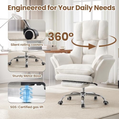 Big and Tall Office Chair with Flip Arms and Footrest, Teddy Criss Cross Legged Home Office Desk Chair with Pet Seat, Comfy Reclining Computer Gaming Chair, White - Image 5