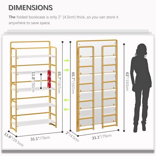 4NM No Assembly Extra Wide 5 Tier Folding Bookshelf Tall Storage Shelves Vintage Bookcase Standing Racks Study Organizer Home Office - Image 2
