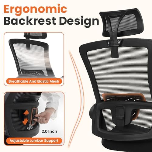 NEO CHAIR Office Desk Chair with Ergonomic High Back Mesh Headrest, Black - Image 3