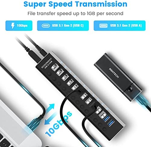 Rosonway 13-Port Powered USB 3.2 Hub 10Gbps, Aluminum USB Hub 72W,RSH-A13 - Image 2