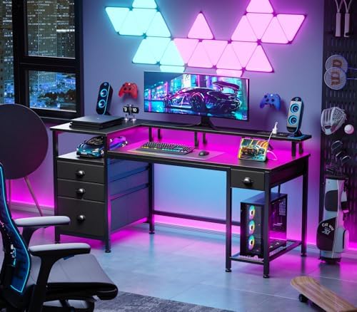 Furologee 60" Black Computer Desk with 4 Drawers and Printer Space, Gaming Desk with LED Lights and USB Power Outlets, Home Office Desk with Fabric File Cabinet,Study Work Table with Shelf for Bedroom - Image 2