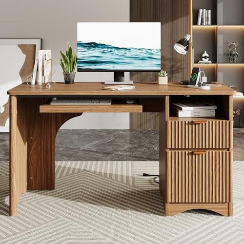 Bestier 55 Inch Computer Desk with Drawers, Power Outlet, Brown Oak by Bestier